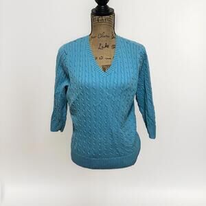 Jeanne Pierre Womens Blue Cotton Cable Knit V-Neck‎ 3/4 Sleeve Sweater XL